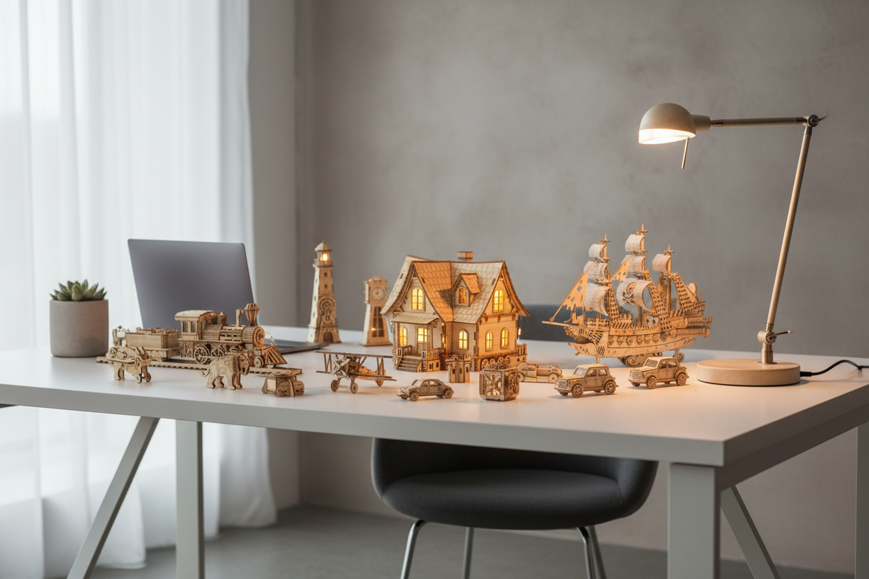 3D träpussel på modernt skrivbord